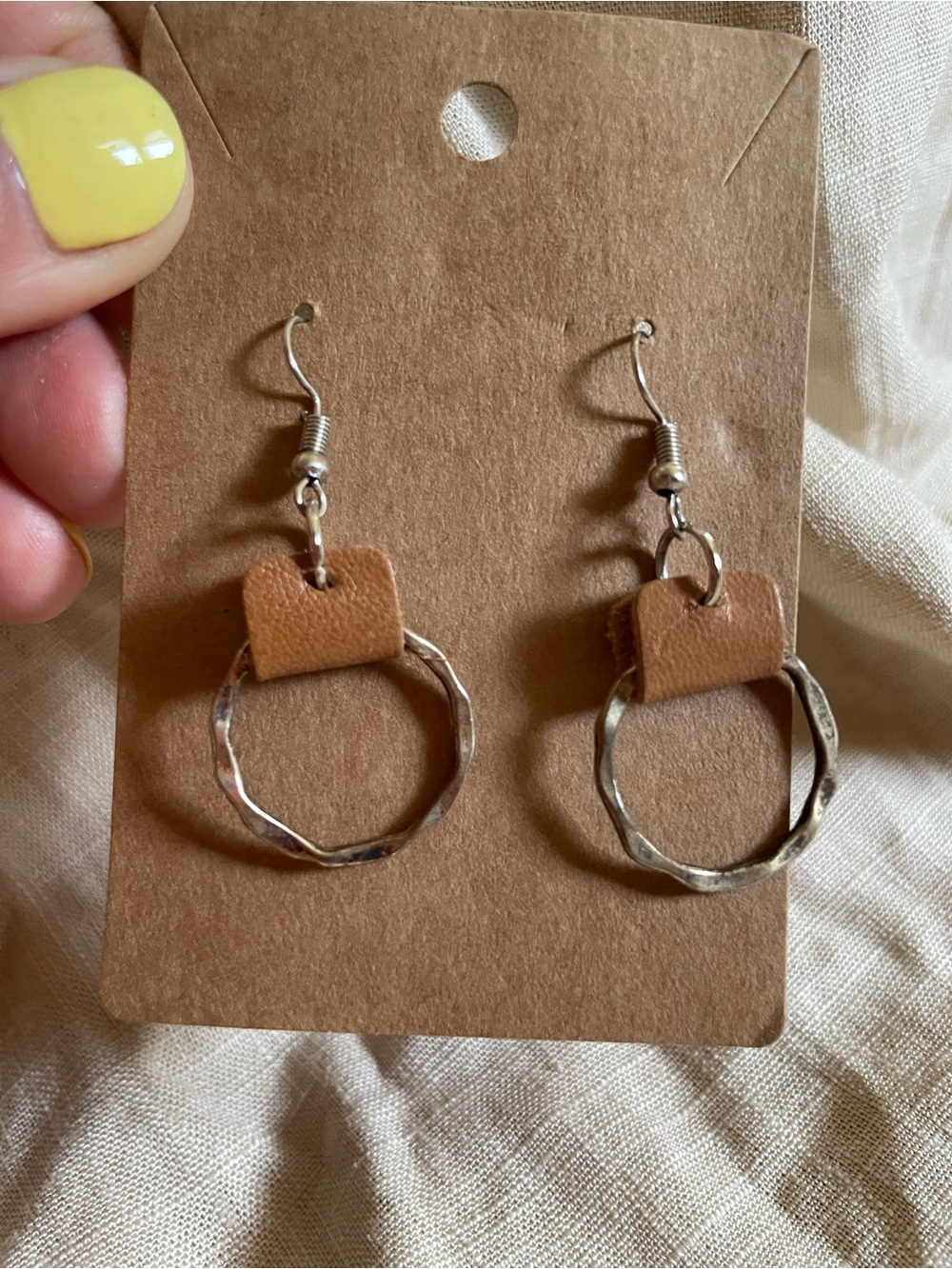 One of a Kind Leather Accent Silver Hoop Drop Earrings - Tan